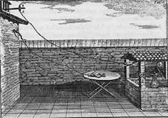 To test the possible influence of lightning on the frog's legs, Galvani experimented outdoors. Wire AA is a glass insulated iron wire leading to the nerve of the specimen suspended in the bottle. The feet are in touch with another wire leading down the well into the water. Galvani found that the legs moved under certain conditions even when the air was serene.